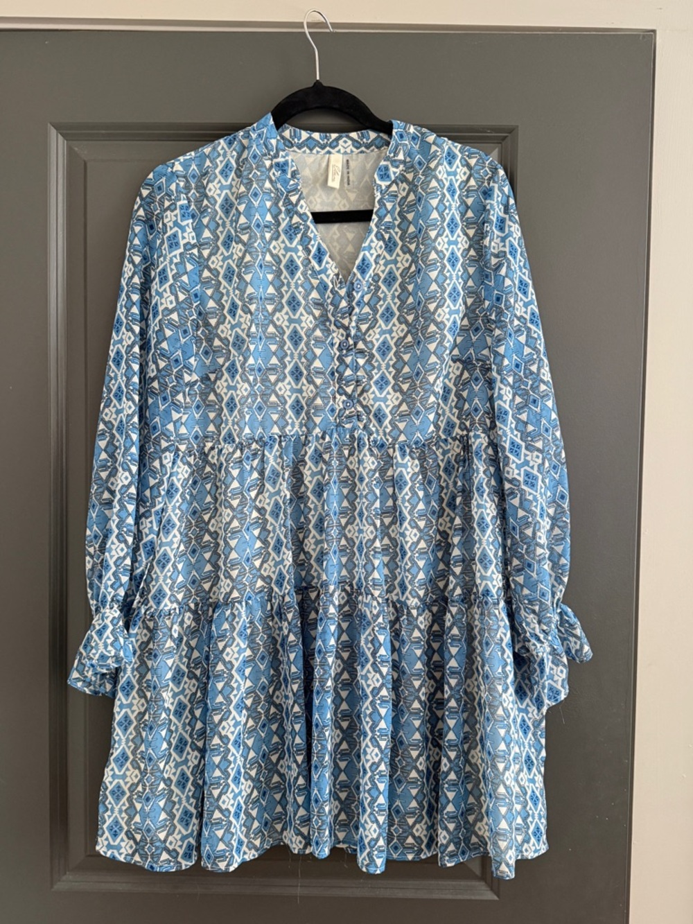 Blue & White Printed V-Neck Dress